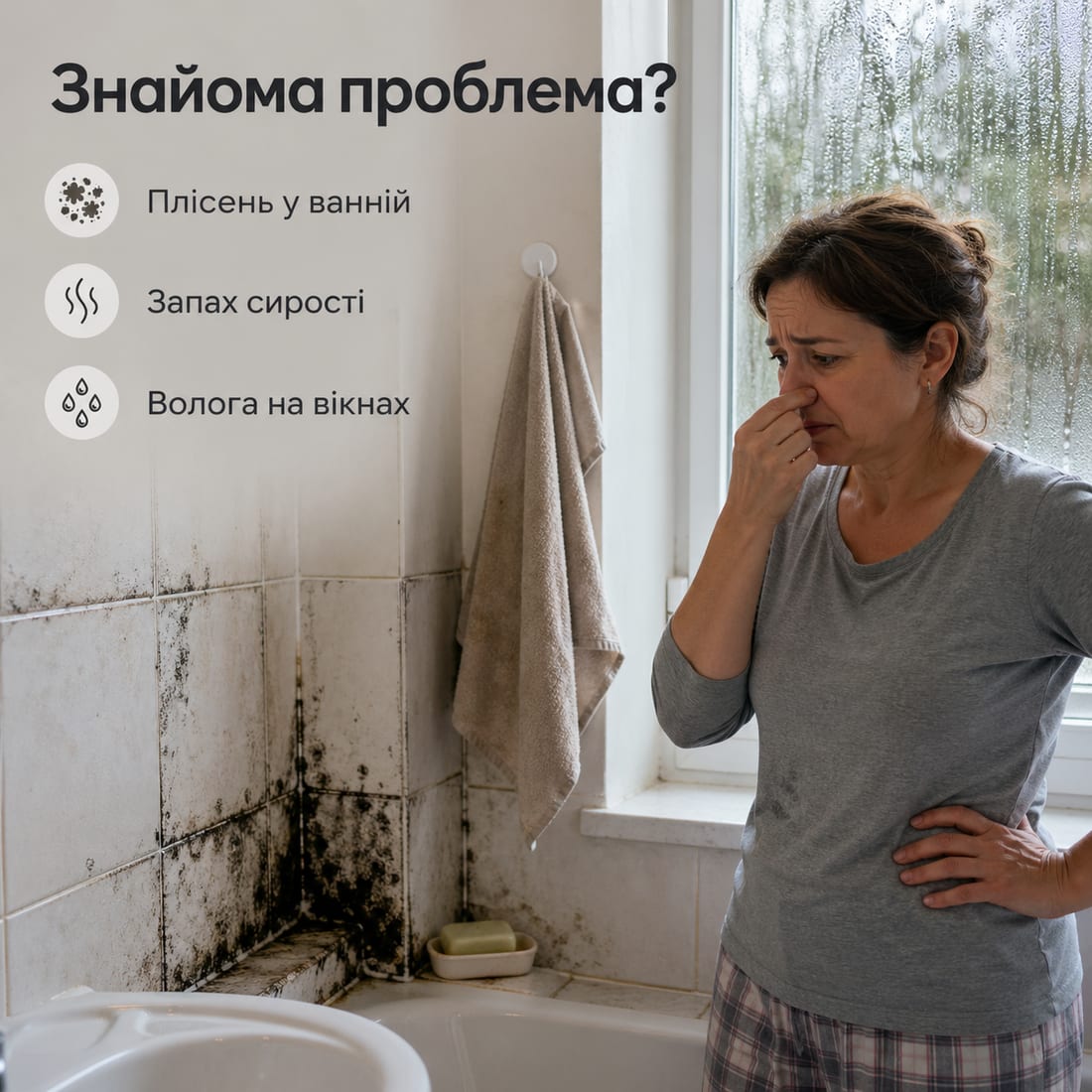 Жінка біля стіни з пліснявою — знайома проблема в кожному другому домі